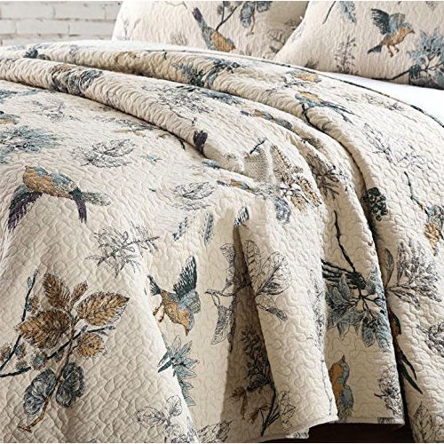 Details about   Flower Birds Printed Quilted Bedspread Set Home  Bedspread Set Pillow shams 3pcs 
