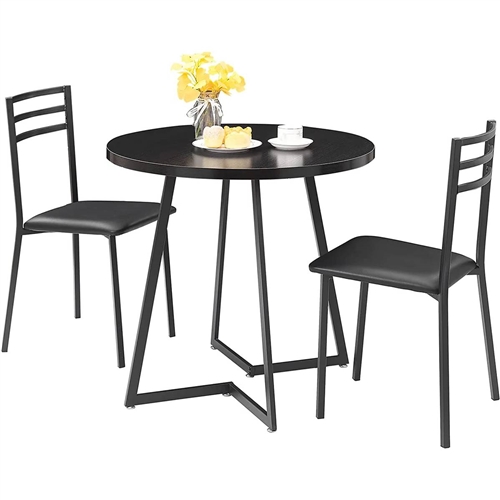 Modern 3-Piece Kitchen Dining Set with Round Black Wood-Top Table and 2 ...