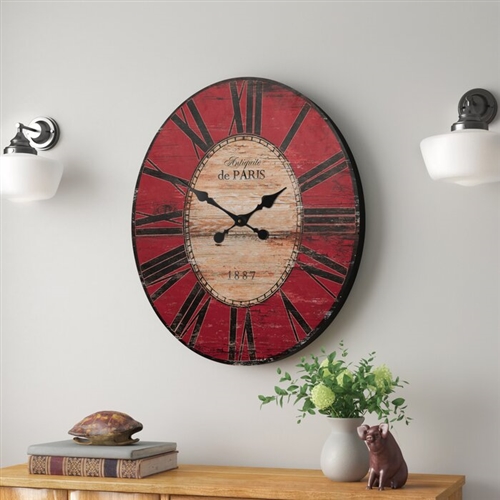 Red Oversized Distressed Paris Wood Wall Clock | FastFurnishings.com