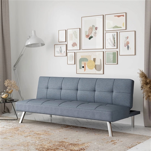 Modern Futon Sofa Bed in Light Gray Fabric with Chrome Metal Legs ...