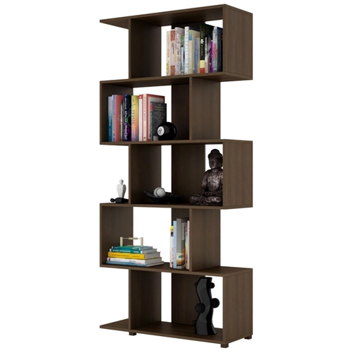 Modern Zig Zag Bookcase with 5 Shelves in Dark Brown 