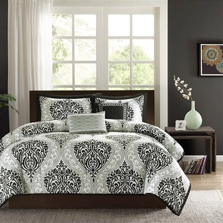 White Damask Print Comforter Set, Black White Twin Bedding