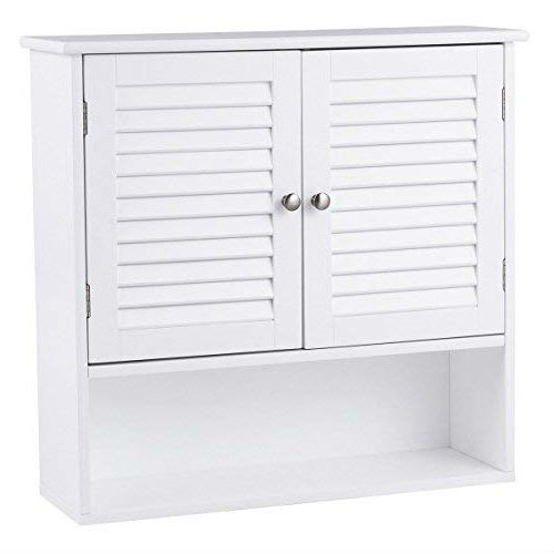 White Wall Mount Bathroom Cabinet With Louver Doors And Metal