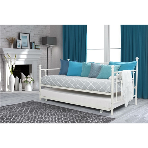 Twin Size White Metal Daybed With Roll, Inexpensive Twin Xl Trundle Bed