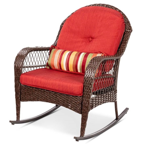 Wicker Brown/Red Rocking Chair with Cushions/Pillow | FastFurnishings.com